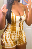 Gold Fashion Sexy Print Hollowed Out Backless Spaghetti Strap Skinny Romper