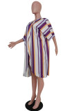 Hide Blue Fashion Casual adult Striped Patchwork Print ruffle Two Piece Suits Straight Half Sleeve Two Pieces