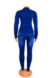Blue Fashion Casual Solid Basic Turndown Collar Plus Size Set