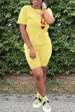 Black Fashion Casual Letter Print Basic O Neck Short Sleeve Two Pieces