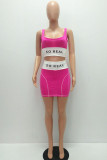 Pink Fashion adult Ma'am Street Letter Patchwork Two Piece Suits Hip skirt Sleeveless Two Pieces