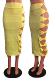 Black Sexy Solid Hollowed Out Skinny Mid Waist Pencil Solid Color Bottoms