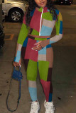 Colour Sexy Print Patchwork O Neck Long Sleeve Two Pieces