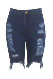 Blue Fashion Casual Solid Ripped High Waist Regular Jeans