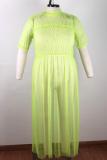 Green Casual Fashion Cap Sleeve Half Sleeves O neck Straight Ankle-Length Solid asymmetrical Mes