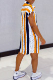 Deep Blue Fashion Casual Striped Print Basic Turndown Collar Shirt Dress