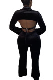 Blue Sexy Flocking Solid Backless Slit Turndown Collar Long Sleeve Regular Sleeve Short Two Pieces