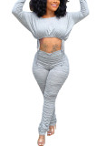 Grey Fashion Casual Adult Solid Fold O Neck Long Sleeve Regular Sleeve Short Two Pieces