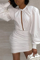 White Sexy Solid Fold O Neck Wrapped Skirt Dresses