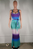 purple Sexy Tank Sleeveless Swagger Floor-Length Print Ombre Dresses