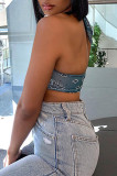 Red Fashion Sexy Print Bandage Backless Halter Tops