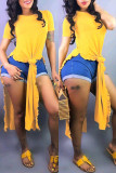 Yellow Fashion Casual Solid Slit O Neck Tops