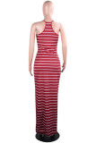 Grey Sexy Fashion Spaghetti Strap Sleeveless Slip Step Skirt Floor-Length Striped Casual Dress