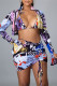 Purple Fashion Sexy Print Draw String Long Sleeve Four-piece Set