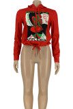 Red Street Print Hooded Collar Mid Waist Tops