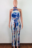 Green Fashion Sexy Print Tie-dyed Backless Sleeveless O Neck Jumpsuits