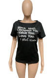Black White Black One word collar Short Sleeve Letter Print Tops