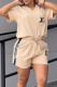 Khaki Casual Letters Lace Up V Neck Short Sleeve Two Pieces