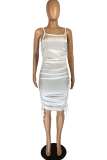 White Sexy Solid Draw String Spaghetti Strap Pencil Skirt Dresses