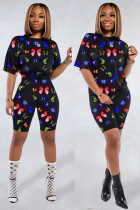 Black Fashion adult Sexy backless Print Two Piece Suits Patchwork Straight Short Sleeve Two-Pie