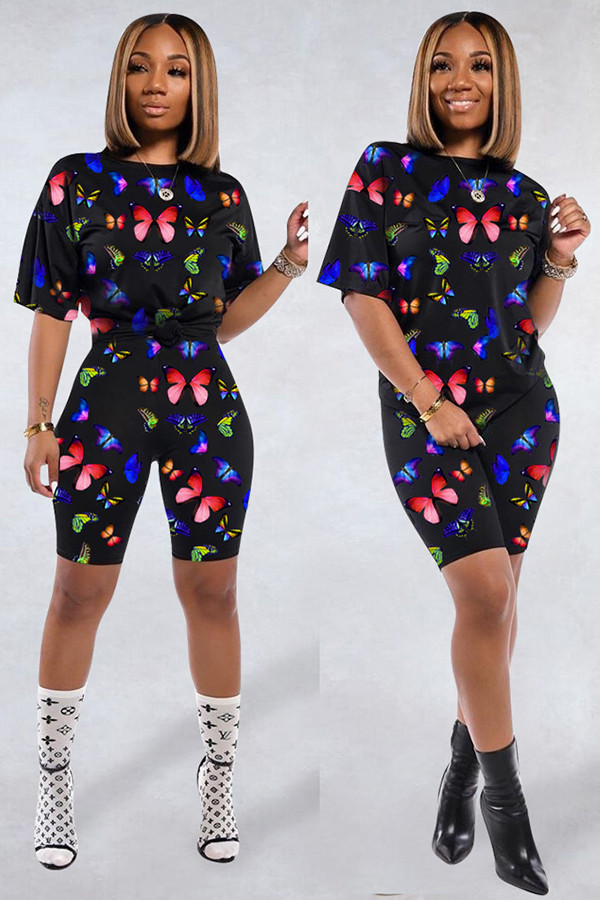 Black Fashion adult Sexy backless Print Two Piece Suits Patchwork Straight Short Sleeve Two-Pie