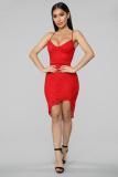 Red Sexy Fashion Spaghetti Strap Sleeveless Slip Asymmetrical Knee-Length asymmetrical Solid P
