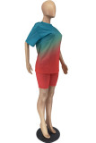 Blue Red Casual Gradual Change Patchwork O Neck Short Sleeve Two Pieces