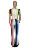 Red Casual Fashion Striped bandage Print Hollow Short Sleeve Jumpsuits