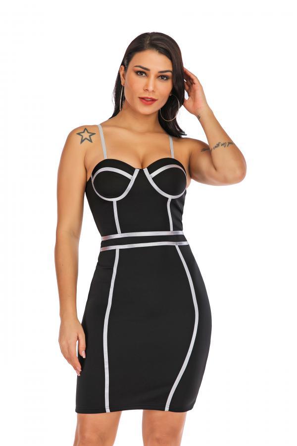 Black Fashion Sexy Spaghetti Strap Sleeveless Slip Step Skirt Knee-Length Patchwork Solid Club