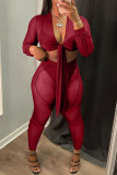 Burgundy Fashion Sexy Solid Patchwork See-through V Neck Long Sleeve Two Pieces