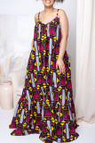 Red Sexy Print Patchwork High Opening Spaghetti Strap Sling Dress Plus Size Dresses