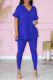 Blue Fashion Casual Solid Basic V Neck Short Sleeve Two Pieces