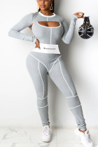 Grey Casual Striped Embroidered Patchwork O Neck Long Sleeve Two Pieces