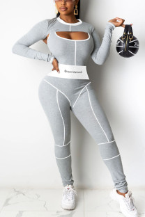 Grey Casual Striped Embroidered Patchwork O Neck Long Sleeve Two Pieces