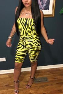Yellow Sexy Fashion Asymmetrical zebra Sleeveless one word collar Rompers
