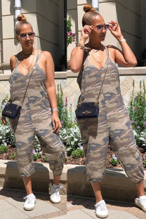 Camouflage Fashion street Print Patchwork Camouflage Sleeveless Slip Jumpsuits