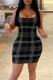 Black White Casual Plaid Patchwork U Neck Pencil Skirt Dresses
