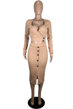 Khaki Elegant Solid Patchwork Slit Square Collar Long Sleeve Two Pieces