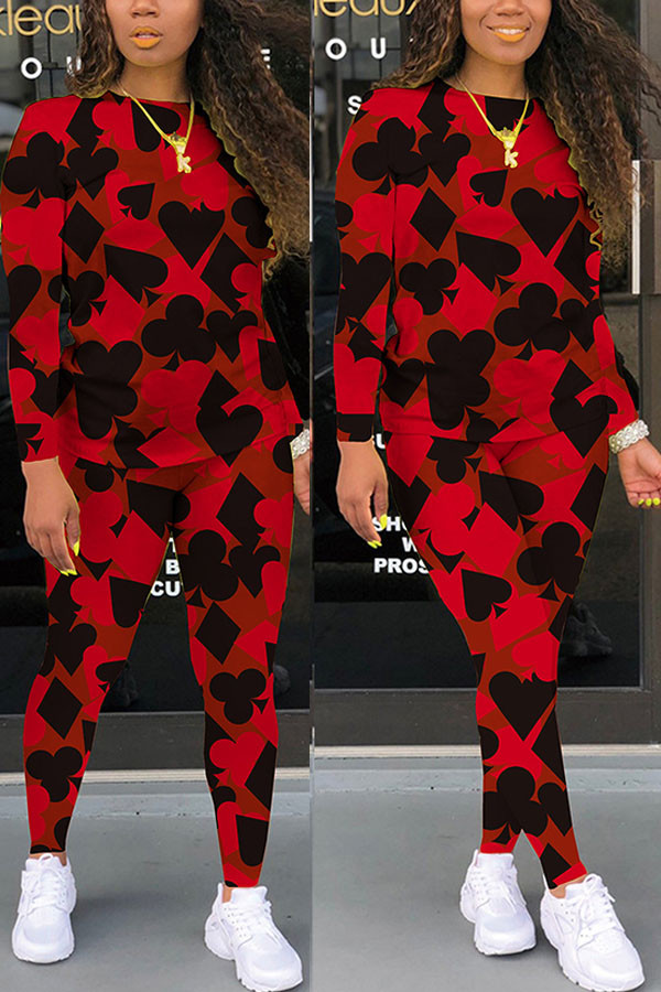 Red Fashion Casual adult Ma'am Print Two Piece Suits pencil Long Sleeve Two Pieces