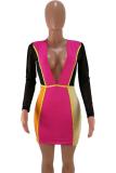Pink Sexy Fashion Cap Sleeve Long Sleeves V Neck Princess Dress Mini asymmetrical Patchwork Mes
