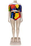 Multicolor Fashion Sexy Print Hot Drilling Backless Off the Shoulder Plus Size Swimwear