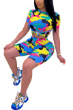 Pink Fashion Casual Patchwork Print Two Piece Suits pencil Short Sleeve Two Pieces