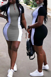 Grey Sexy Fashion Cap Sleeve Short Sleeves Turndown Collar Step Skirt skirt Patchwork Print chain 