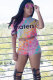 Multi-color Sexy Fashion asymmetrical Print Patchwork Straight Short Sleeve Two-Piece Short Set