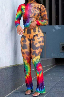 Gold venetian Fashion Active adult Ma'am Leopard Print Two Piece Suits Straight Long Sleeve Two Pieces