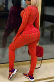 Red British Style Solid Hollowed Out See-through O Neck Long Sleeve Two Pieces