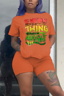 Orange Fashion Casual Letter Print Short Sleeve Two Pieces