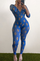 Blue Living Print V Neck Skinny Jumpsuits