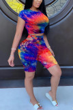 White Fashion Casual adult Ma'am Tie Dye Two Piece Suits HOLLOWED OUT pencil Short Sleeve Two Pieces