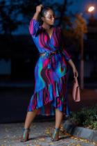 Blue Fashion Sexy Cap Sleeve Half Sleeves V Neck A-Line Mid-Calf asymmetrical Print ruffle Patc